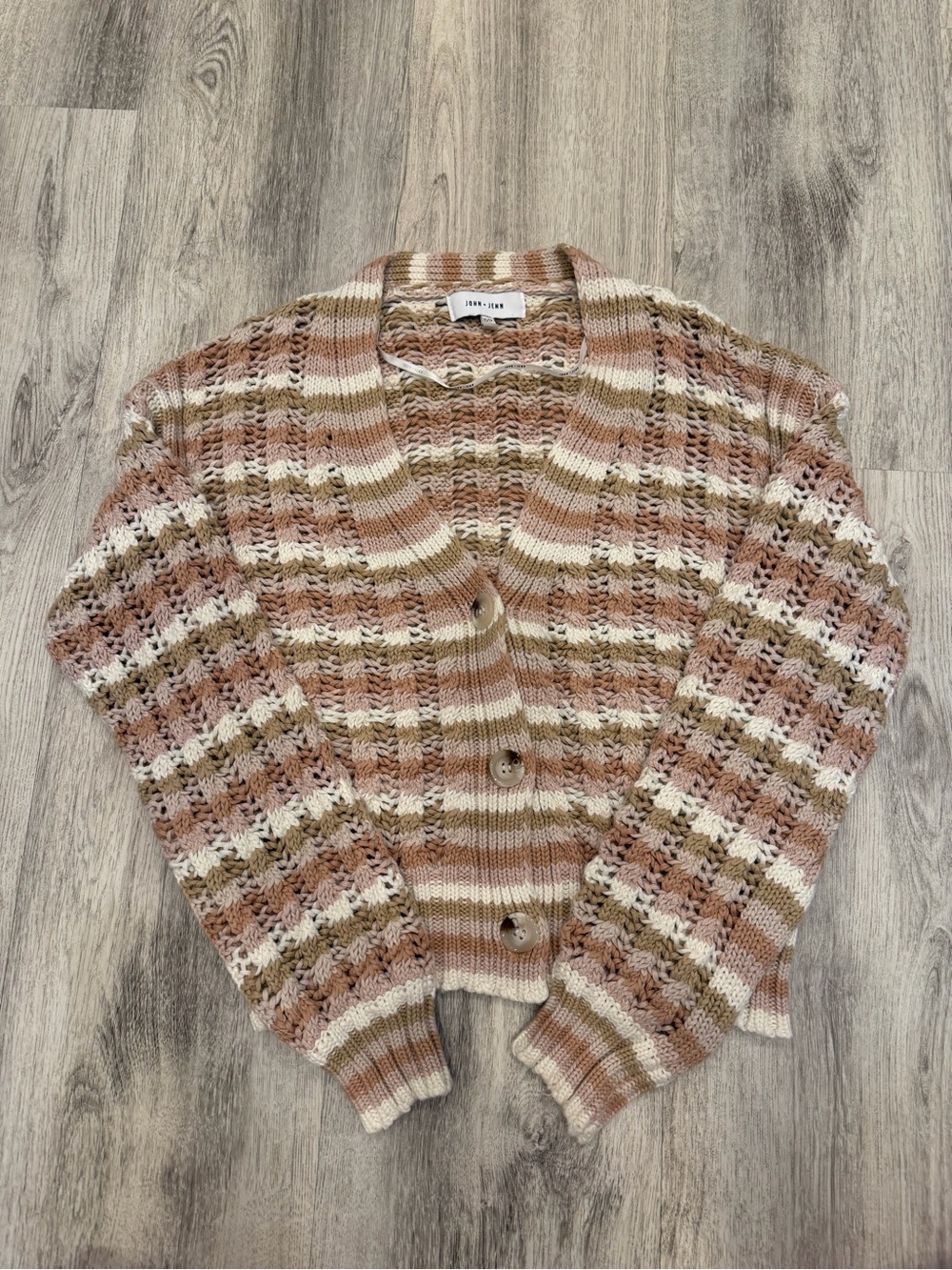 John + Jenn Chunky Knit Crochet Cardigan XS/S Neutral Striped 100% Cotton